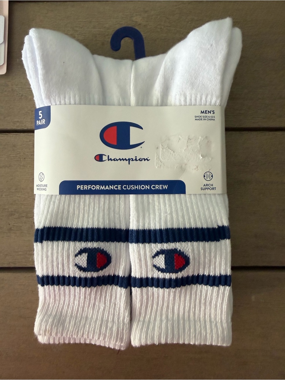 Champion Men's White Crew Socks with Navy Stripes and Red Logo